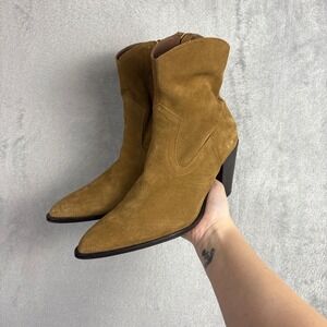 Mango MNG Womens Tan Suede Pointed Toe Block Heel Western Ankle Boots Size 9
